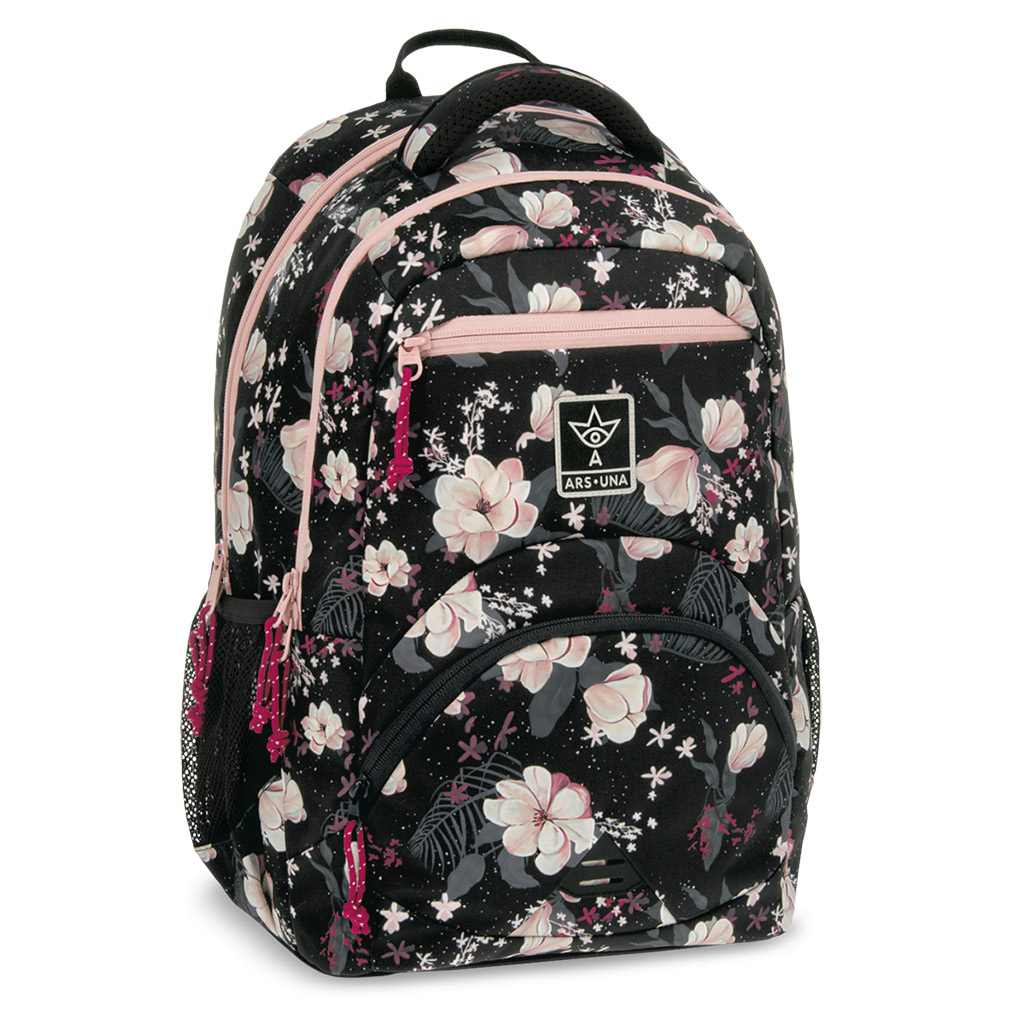 Ars Una: Flowery Black цветен ергономичен ученически ранец, раница 33x45x24cm изображение 1