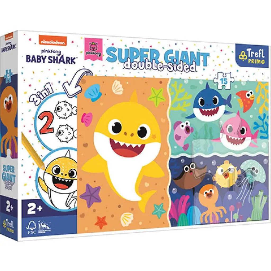 Baby Shark Супер Гигант двустранен 3 в 1 пъзел 15 части - Trefl изображение 1