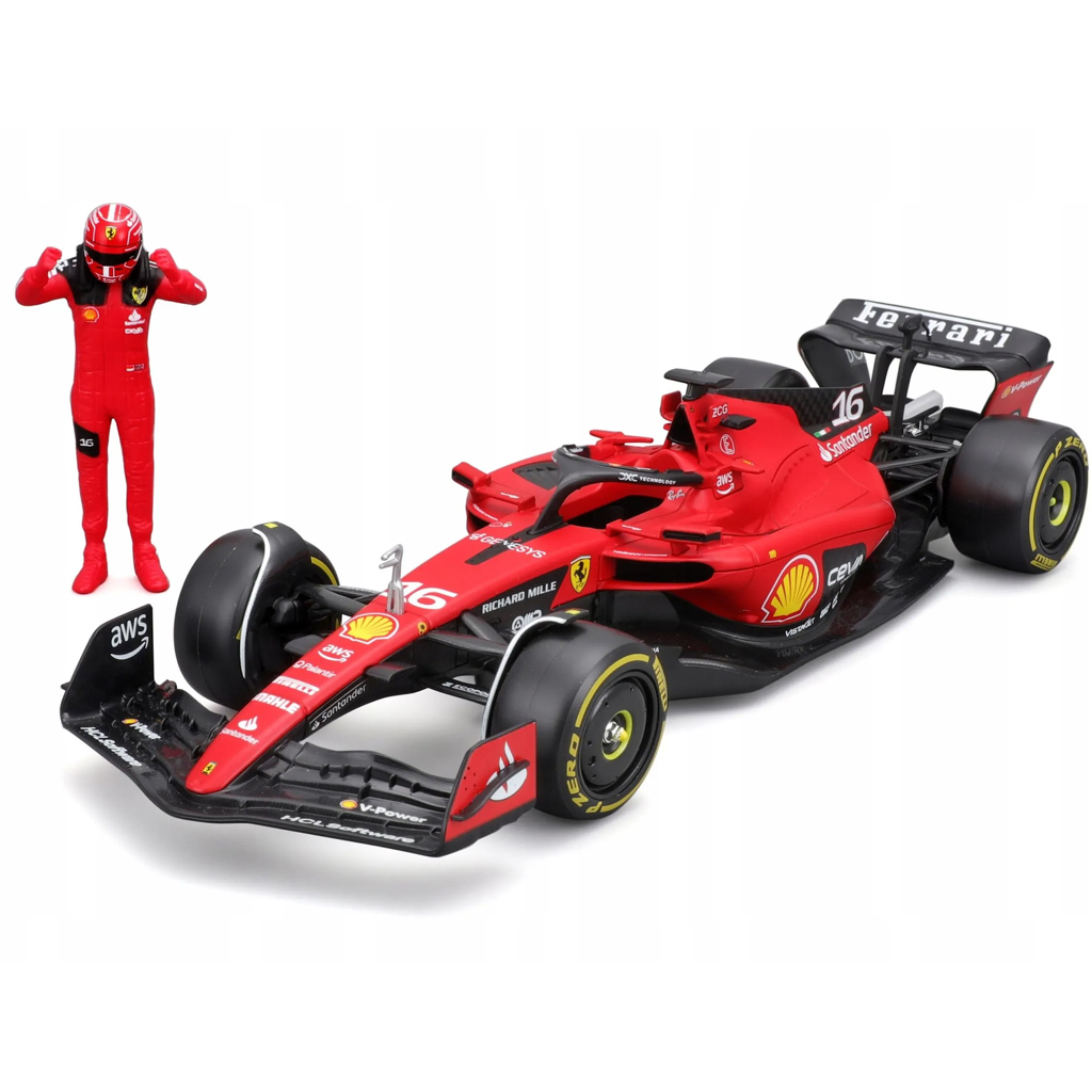 Bburago: Ferrari SF23 F1 състезателен автомобил метален автомобилен модел с пилот 1/24 (Шарл Леклер #16) изображение 2