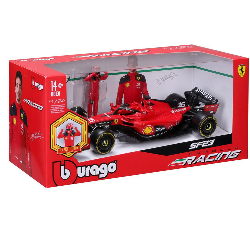 Bburago: Ferrari SF23 F1 състезателен автомобил метален автомобилен модел с пилот 1/24 (Шарл Леклер #16) изображение 1