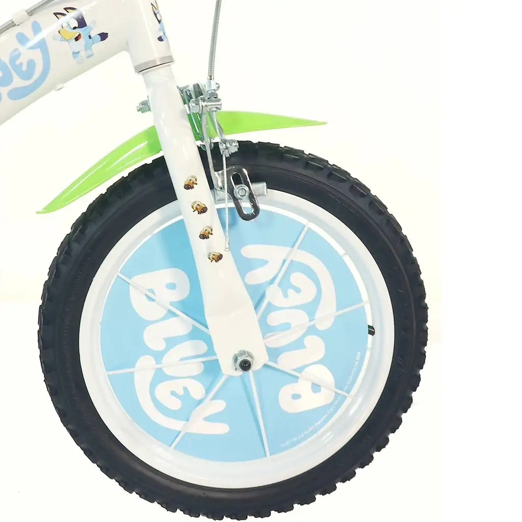 Bluey 14” детски велосипед с държач за бутилка и странични колела в бяло-синьо-зелено – Dino Bikes велосипед изображение 4