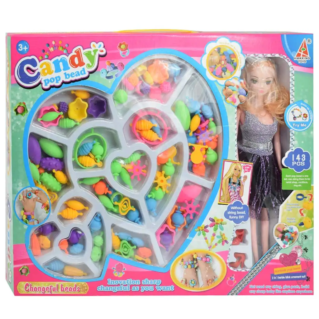 Candy PopBead: 143бр. комплект за изработка на бижута с кукла, цветни мъниста, пръстени и допълнителни елементи изображение 1
