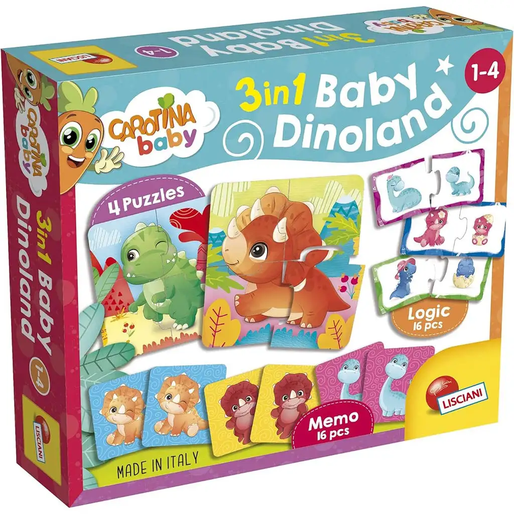 Carotina baby: Dinoland 3 в 1 мемо, пъзел и съвпадаща игра - Lisciani изображение 1