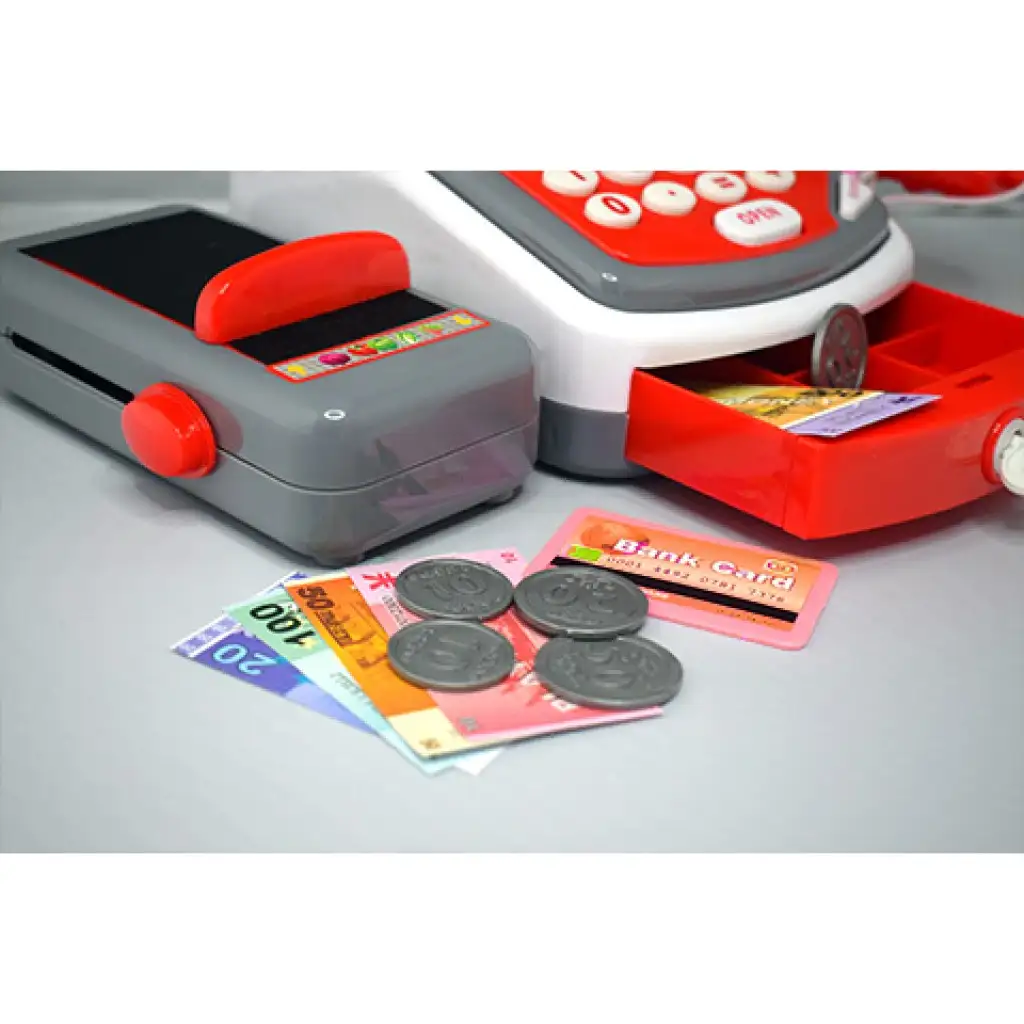 Червен функционален електронен касов апарат с лента, продукти и звук изображение 5