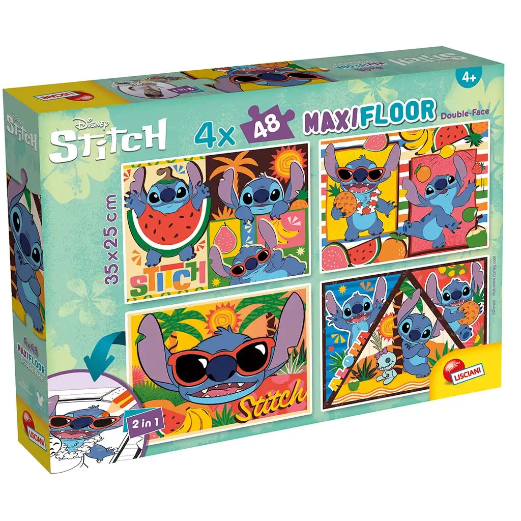 Disney Stitch 2 в 1 макси 4x48бр. пъзел и оцветяване 35x25см - Lisciani изображение 1