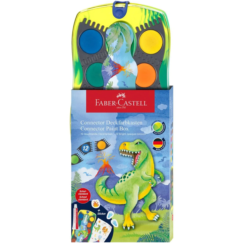 Faber-Castell: Комплект водни бои Connector 12бр. с палитри, които могат да се свързват, с динозаври изображение 1