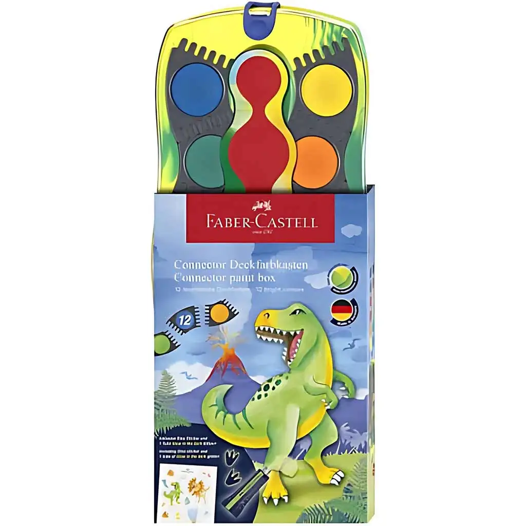 Faber-Castell: Комплект водни бои Connector 12бр с палитри за свързване, с динозавърски мотив изображение 1