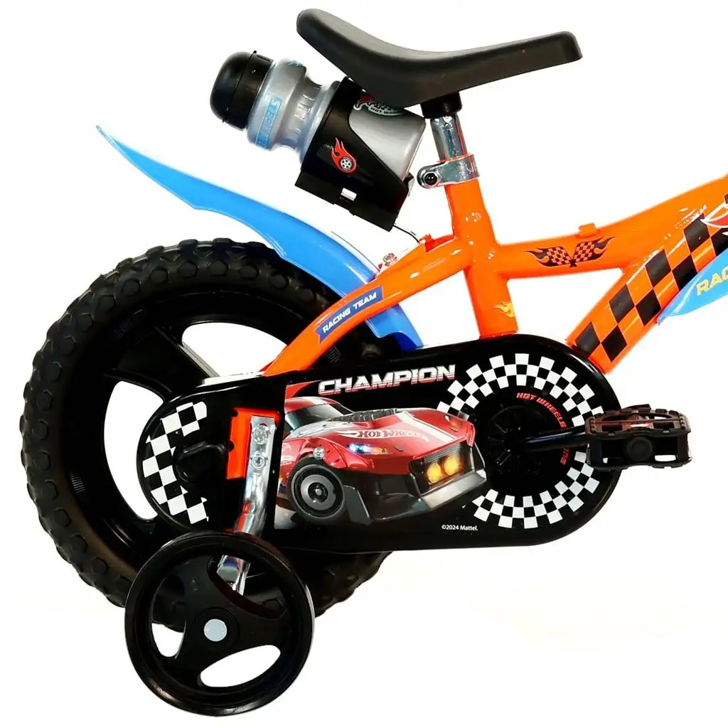 Hot Wheels 12” детски велосипед с държач за бутилка и странични колела в оранжево-черен цвят – Dino Bikes велосипед изображение 2