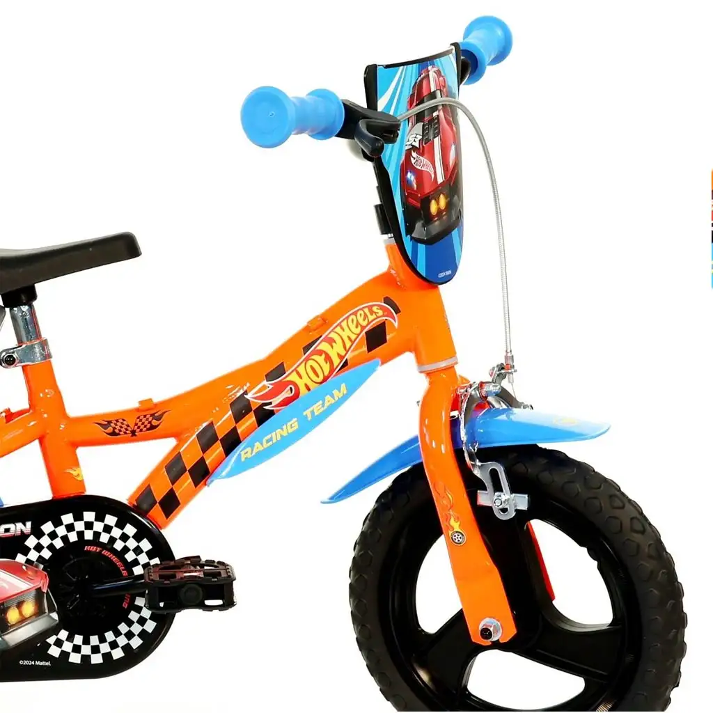 Hot Wheels 12” детски велосипед с държач за бутилка и странични колела в оранжево-черен цвят – Dino Bikes велосипед изображение 3