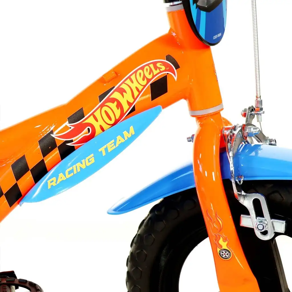Hot Wheels 12” детски велосипед с държач за бутилка и странични колела в оранжево-черен цвят – Dino Bikes велосипед изображение 4