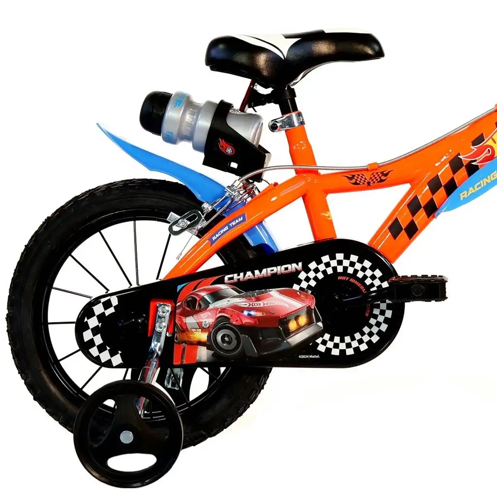 Hot Wheels 14” детски велосипед с държач за бутилка и странични колела в оранжево-черен цвят – Dino Bikes велосипед изображение 2