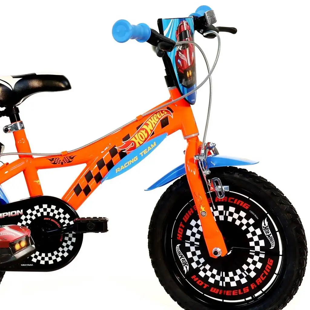 Hot Wheels 14” детски велосипед с държач за бутилка и странични колела в оранжево-черен цвят – Dino Bikes велосипед изображение 3