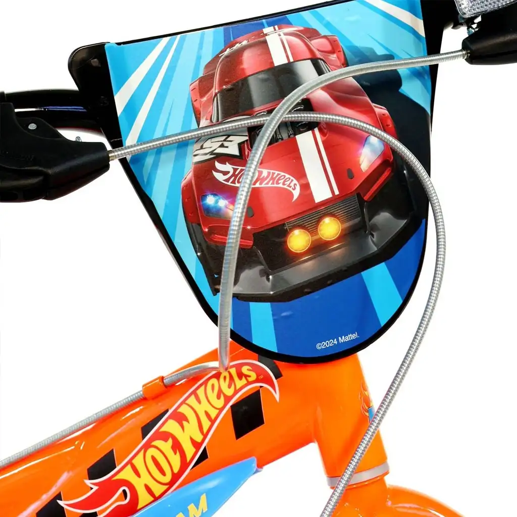 Hot Wheels 14” детски велосипед с държач за бутилка и странични колела в оранжево-черен цвят – Dino Bikes велосипед изображение 4
