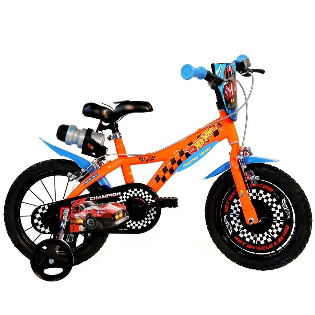 Hot Wheels 14” детски велосипед с държач за бутилка и странични колела в оранжево-черен цвят – Dino Bikes велосипед изображение 1