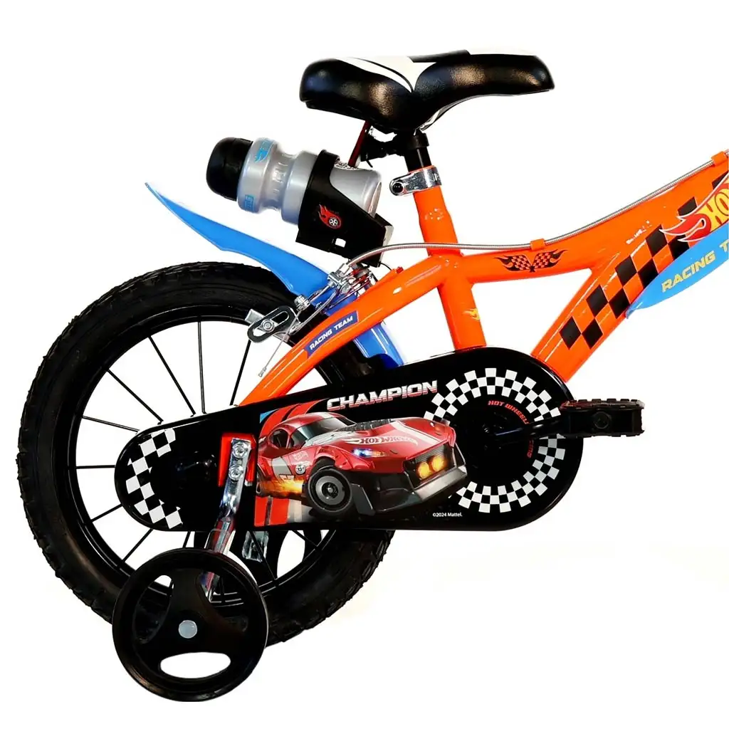 Hot Wheels 16” детски велосипед с държач за бутилка и странични колела в оранжево-черен цвят – Dino Bikes велосипед изображение 2