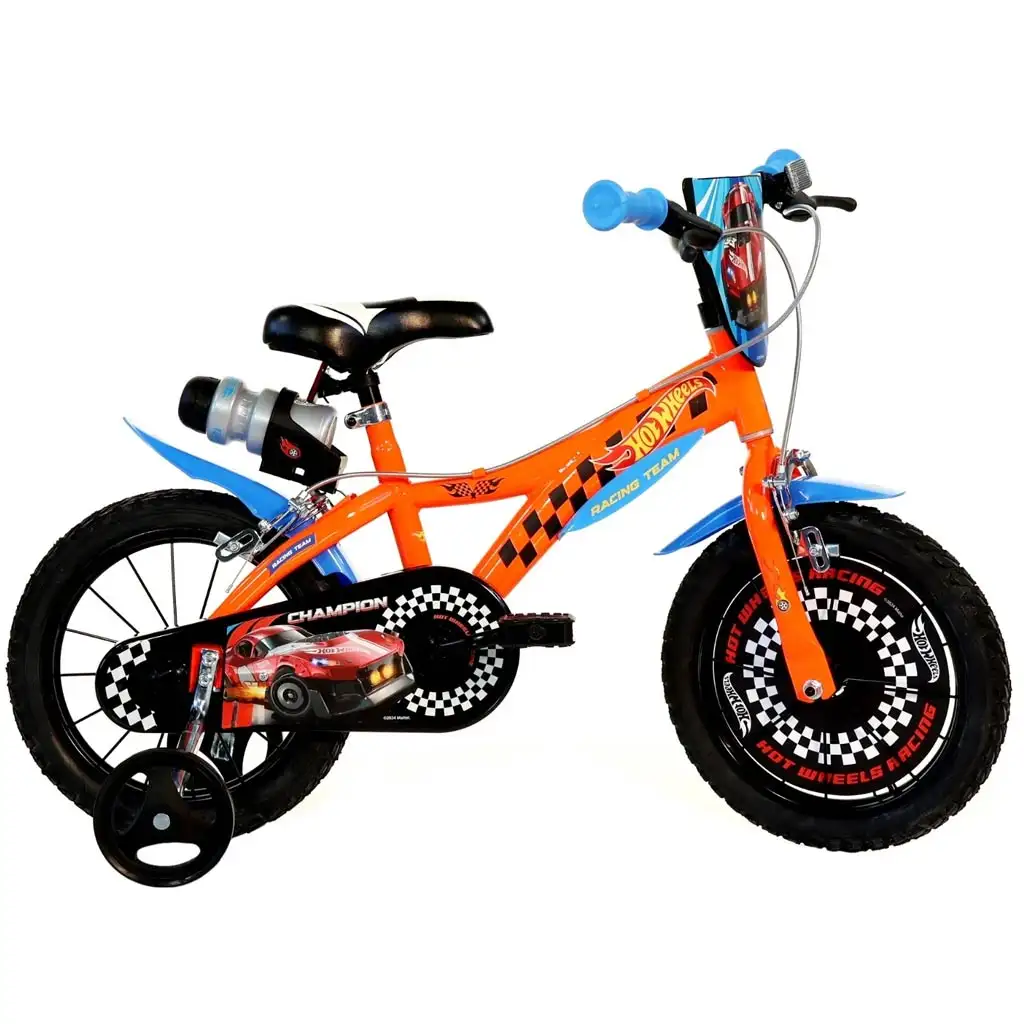 Hot Wheels 16” детски велосипед с държач за бутилка и странични колела в оранжево-черен цвят – Dino Bikes велосипед изображение 1