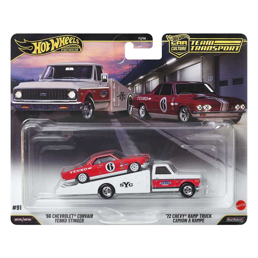 Hot Wheels: '72 Chevy Ramp Truck автомобилен транспортьор и '66 Chevrolet Corvair малка кола 1/64 - Mattel изображение 1
