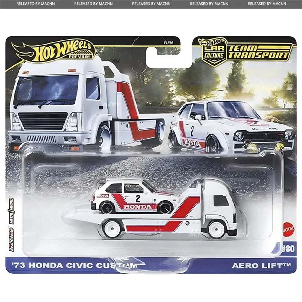 Hot Wheels: Aero Lift Премиум автомобилен транспорт и 73 Honda Civic Custom количка 1/64 - Mattel изображение 1