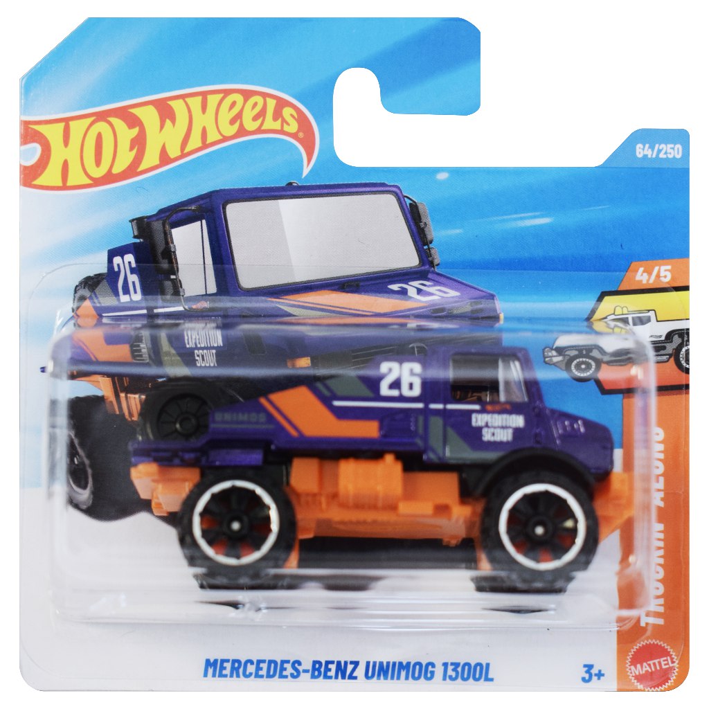 Hot Wheels: Mercedes-Benz Unimog 1300L лилав малък автомобил 1/64 - Mattel изображение 1