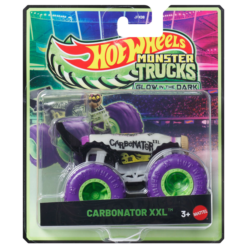 Hot Wheels Monster Trucks: Carbonator XXL бял автомобил, който свети в тъмното 1/64 - Mattel изображение 1
