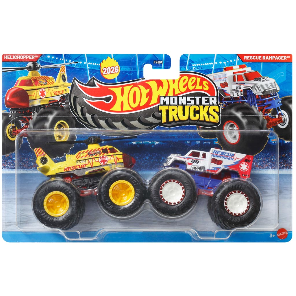 Hot Wheels Monster Trucks: Helichopper срещу Rescue Rampager количка 2бр. пакет 1/64 - Mattel изображение 1