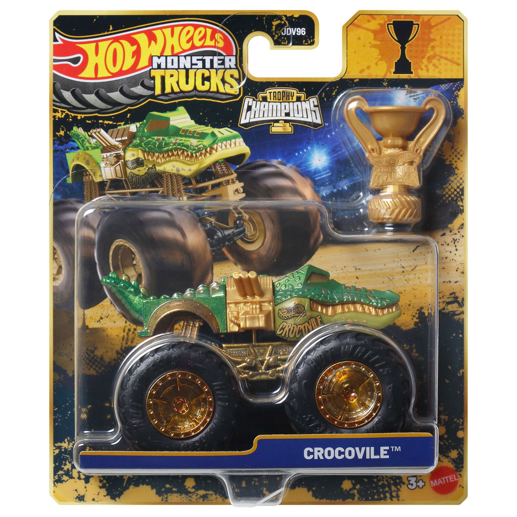 Hot Wheels Monster Trucks: Крокодил шампион монстер количка с трофей 1/64 - Mattel изображение 1