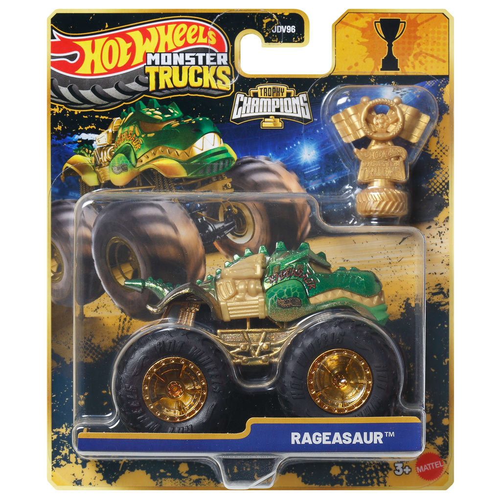 Hot Wheels Monster Trucks: Rageasaur шампионски монстър камион с трофей 1/64 - Mattel изображение 1