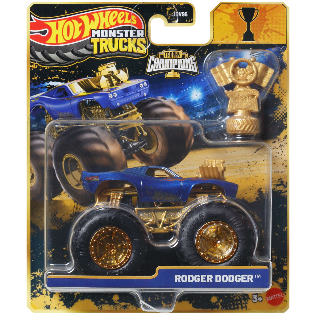 Hot Wheels Monster Trucks: Rodger Dodger шампионски монстер камион с трофей 1/64 - Mattel изображение 1