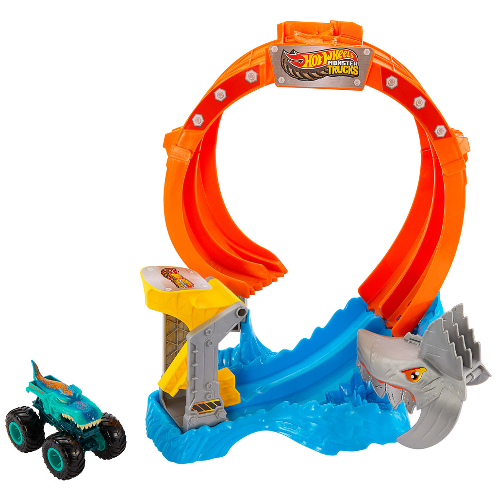 Hot Wheels Monster Trucks: Spiral Shark Smash писта с Mega-Wrex количка – Mattel изображение 2