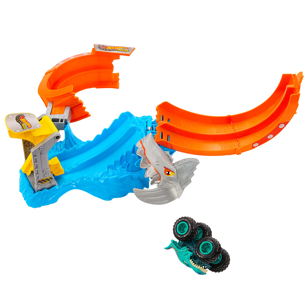 Hot Wheels Monster Trucks: Spiral Shark Smash писта с Mega-Wrex количка – Mattel изображение 3