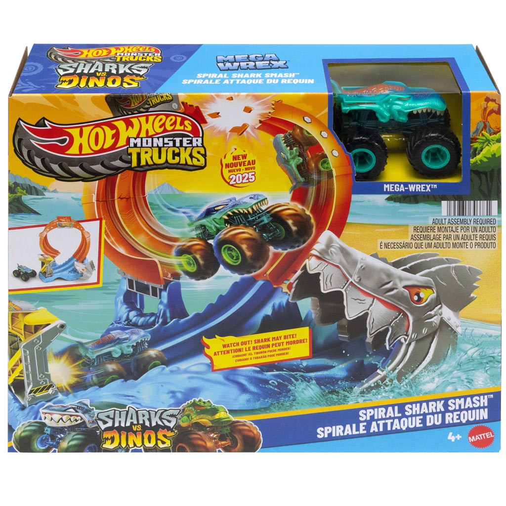 Hot Wheels Monster Trucks: Spiral Shark Smash писта с Mega-Wrex количка – Mattel изображение 1