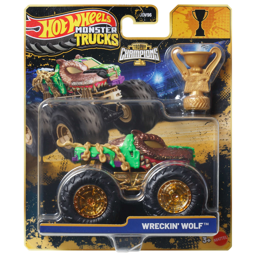 Hot Wheels Monster Trucks: Wreckin Wolf шампионски монстер камион с трофей 1/64 - Mattel изображение 1