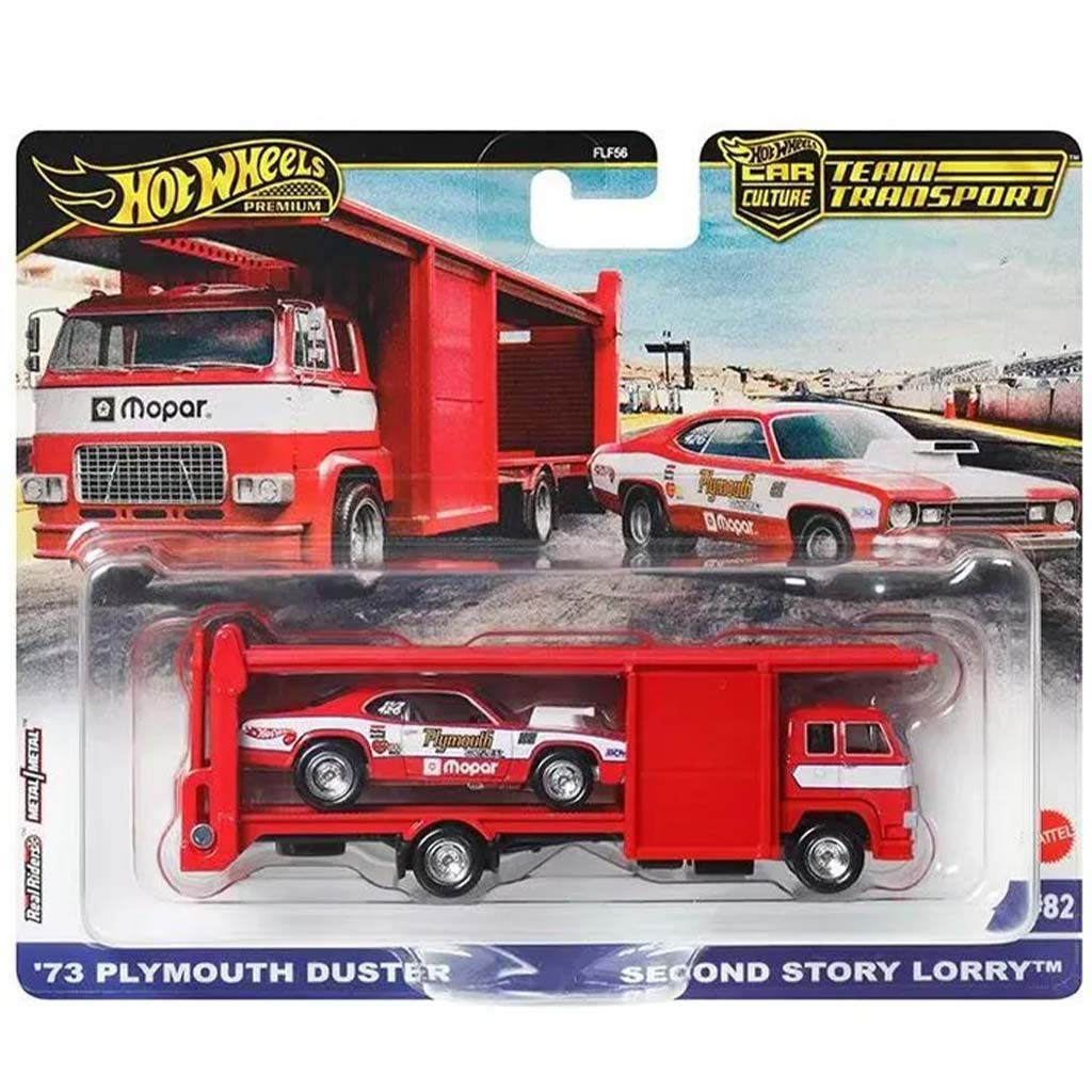 Hot Wheels: Втори етаж камион Промоционален автомобилен транспорт и 73 Plymouth Duster малък автомобил 1/64 - Mattel изображение 1
