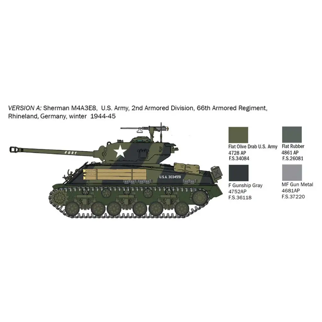 Italeri 1/56 M4A3E8 Sherman Fury танк модел изображение 3