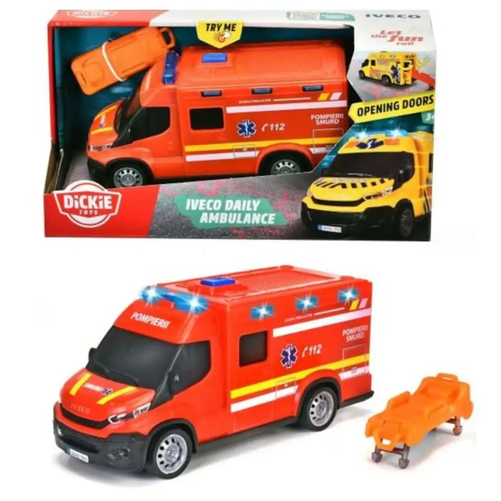 Iveco червен линейка с светлина и звук 18 см - Dickie Toys изображение 1