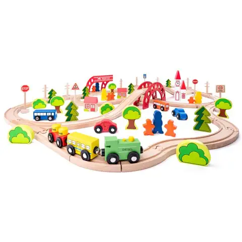 Комплект дървена железопътна линия с мост и спирка - Woodyland изображение 1