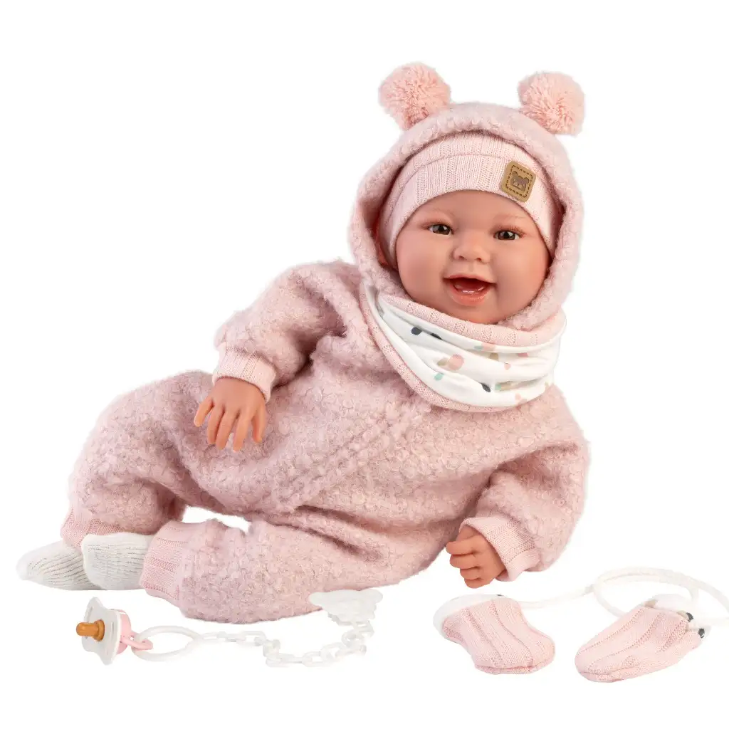 Llorens: Tala Sonrisas 44cm новородено бебе с звук в розов гащеризон изображение 3