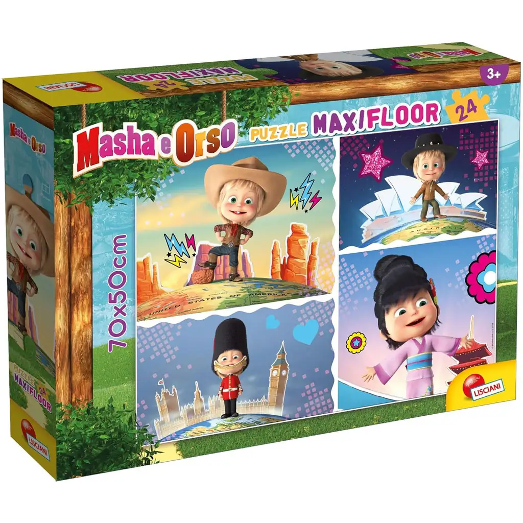 Маша и мечката Маша обикаля света 24 части макси подова пъзел 70x50см - Lisciani изображение 1