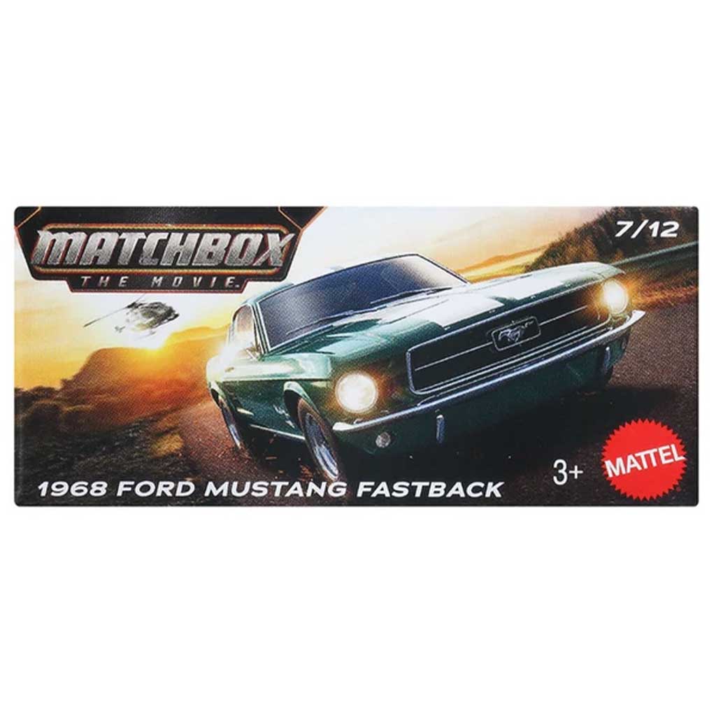 Matchbox A Film: 1968 Ford Mustang Fastback в картонена кутия количка 1/64 – Mattel изображение 1
