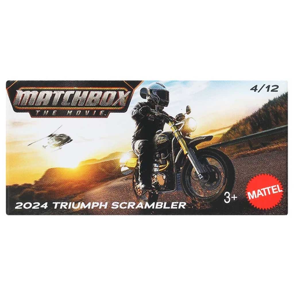 Matchbox A Film: 2024 Triumph Scrambler кутия с хартия мотоциклет 1/64 – Mattel изображение 1