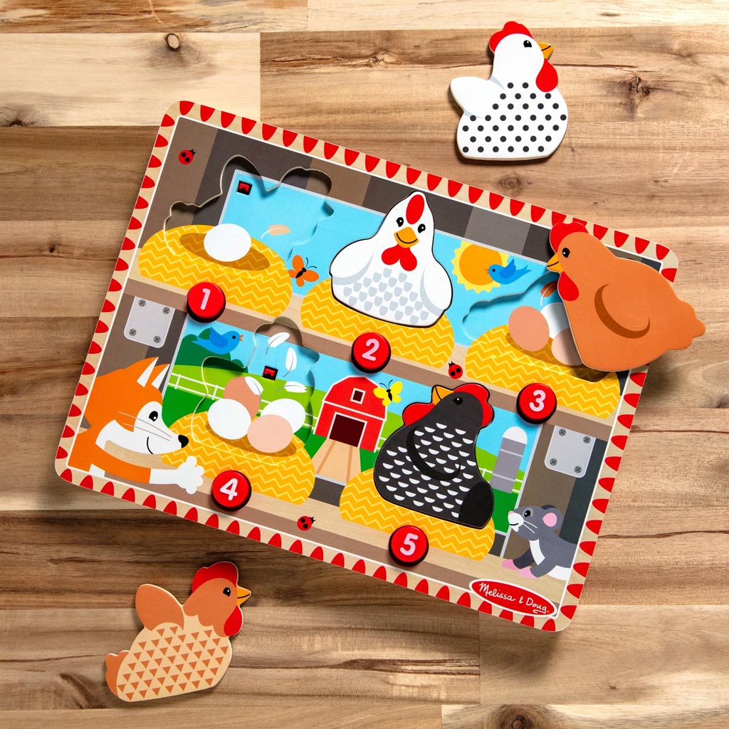 Melissa&Doug Push to Pop Puzzle – Щастливи кокошки дървен развиващ пъзел - Spin Master изображение 3