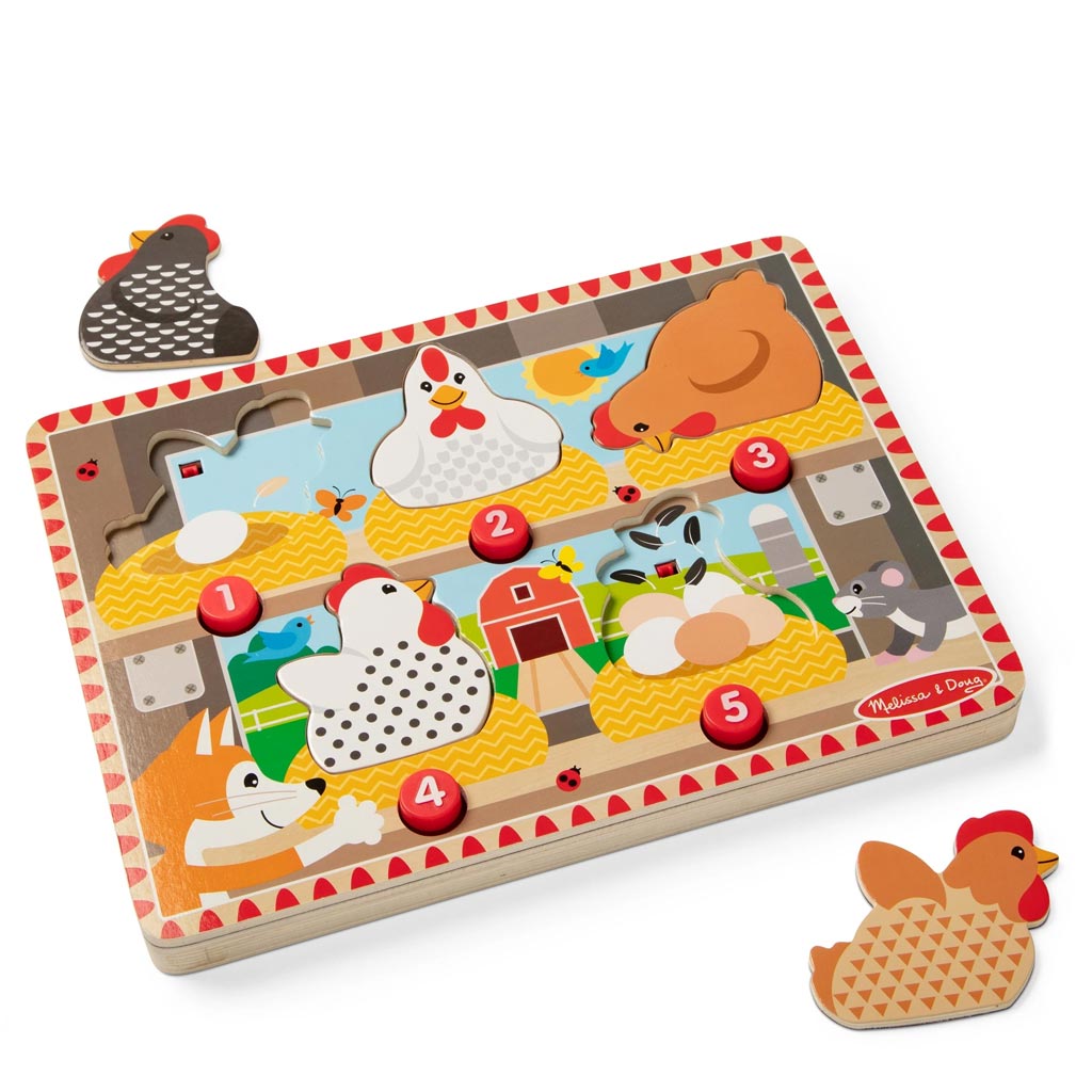 Melissa&Doug Push to Pop Puzzle – Щастливи кокошки дървен развиващ пъзел - Spin Master изображение 5