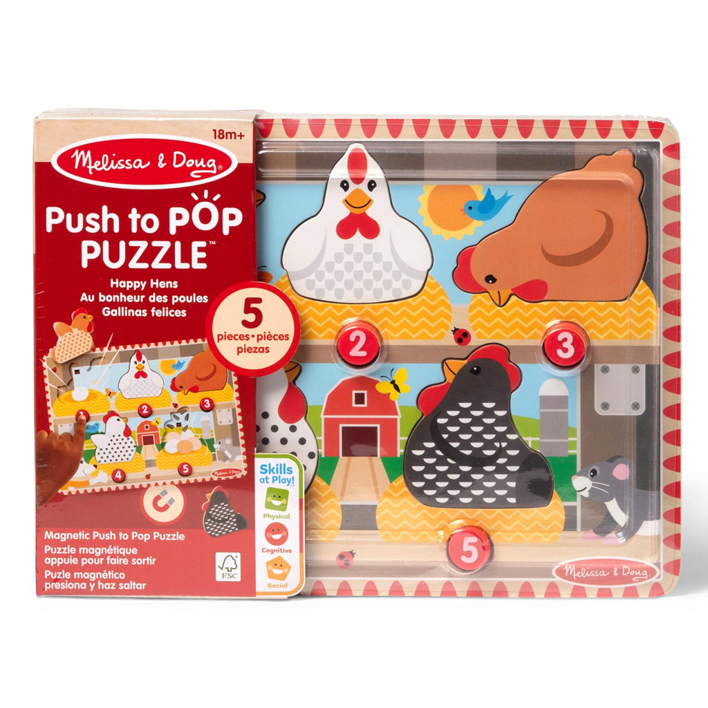 Melissa&Doug Push to Pop Puzzle – Щастливи кокошки дървен развиващ пъзел - Spin Master изображение 1