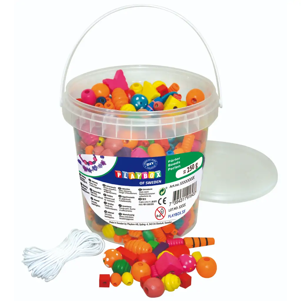 PlayBox: Цветен дървен мъниста комплект в кофа 250гр изображение 1