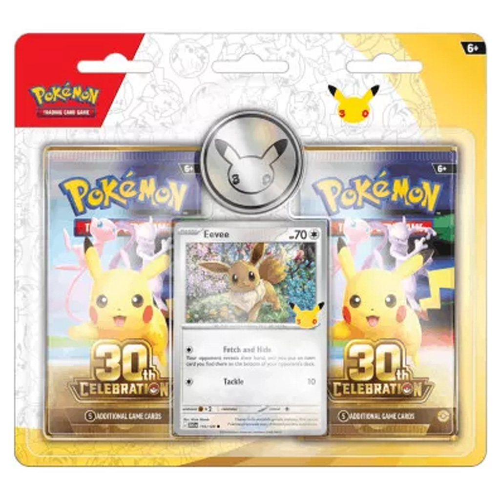 Pokémon TCG: 30-та годишнина 2-Pack Blister – Двойно широко (Eevee промо + Pikachu монета) изображение 1