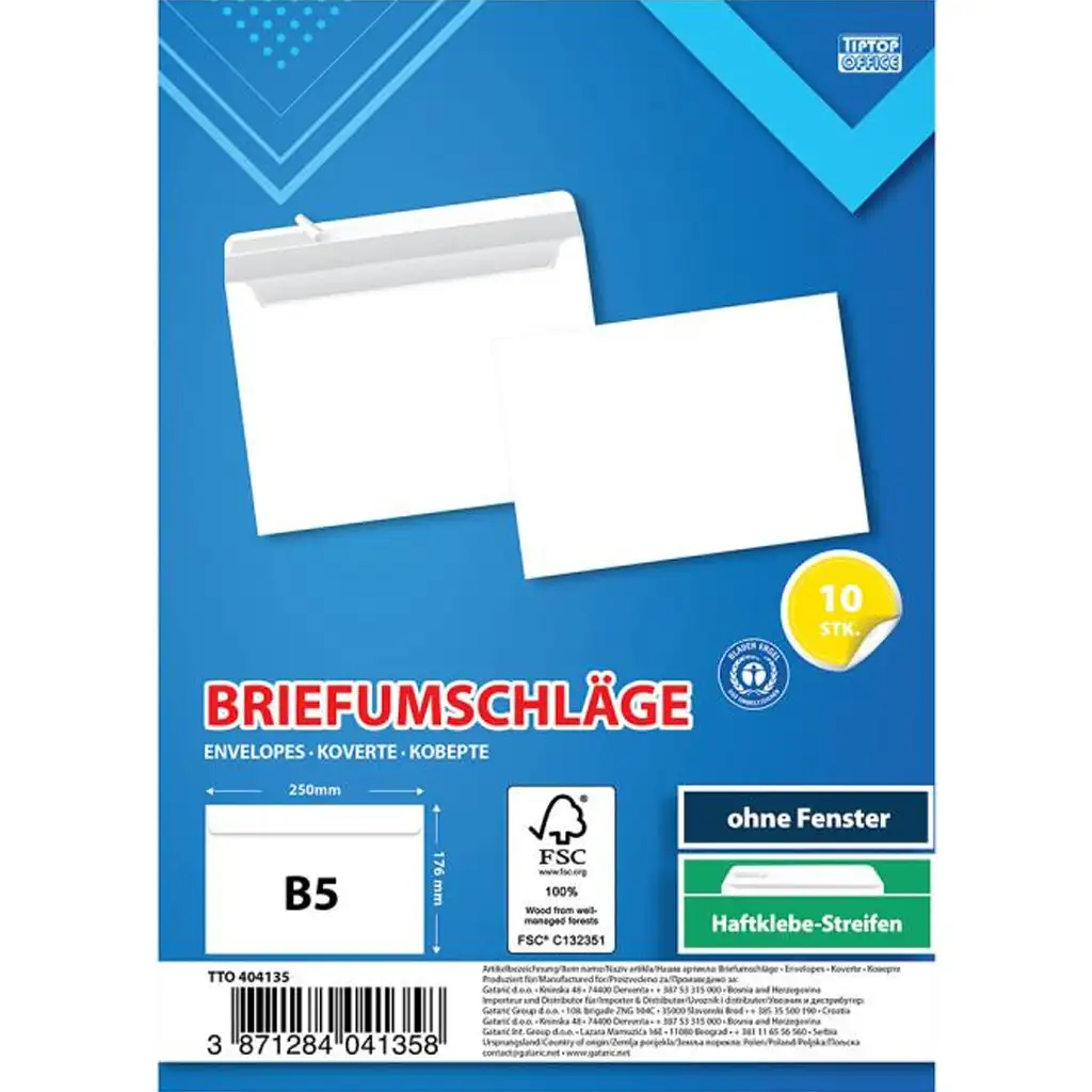 Spirit: Бял плик B5 25x17см 10бр. пакет изображение 1