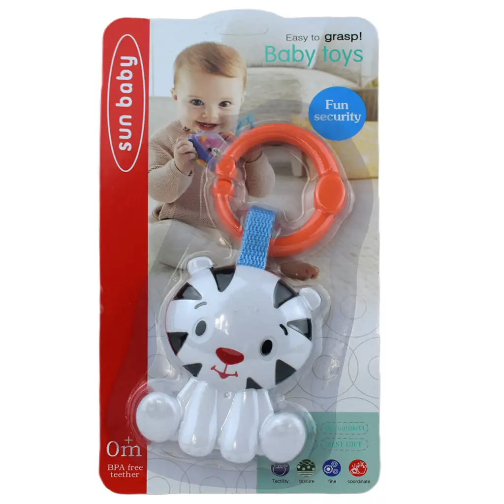 Sun Baby: Весел бял тигър без BPA бебешка дрънкалка изображение 4