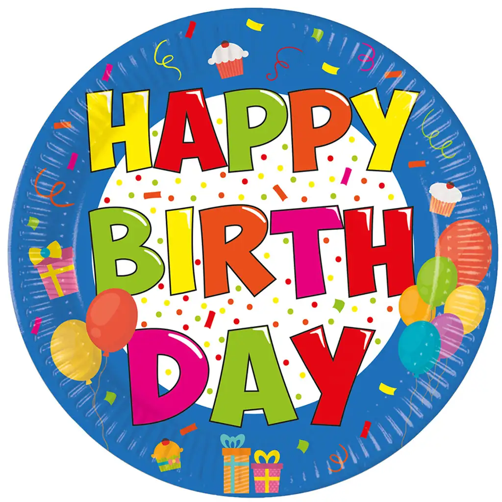 Весели цветни рожденнодневни чинии с надпис "Happy Birthday" комплект от 8 броя изображение 1