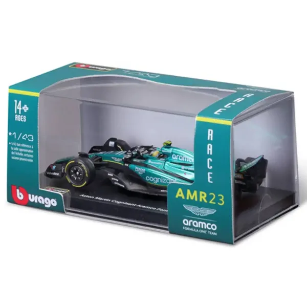 Bburago: Aston Martin AMR23 F1 състезателен автомобил метален автомобилен модел 1/43 (Фернандо Алонсо #14, с каска вариант) изображение 5