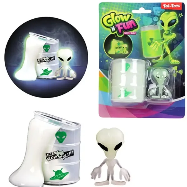 Glow'N Fun Slime Alien: Флуоресциращ слуз с извънземна фигурка в маслен буркан изображение 2